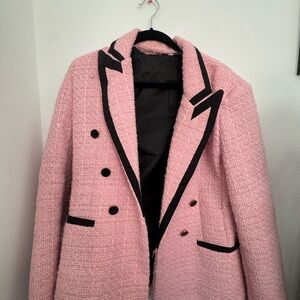 pink tweed lookalike blazer with gold buttons